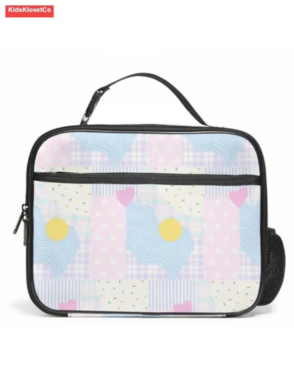 Patchwork Insulated Lunch Bag for Kids Boys Girls Waterproof with Bottle Holder